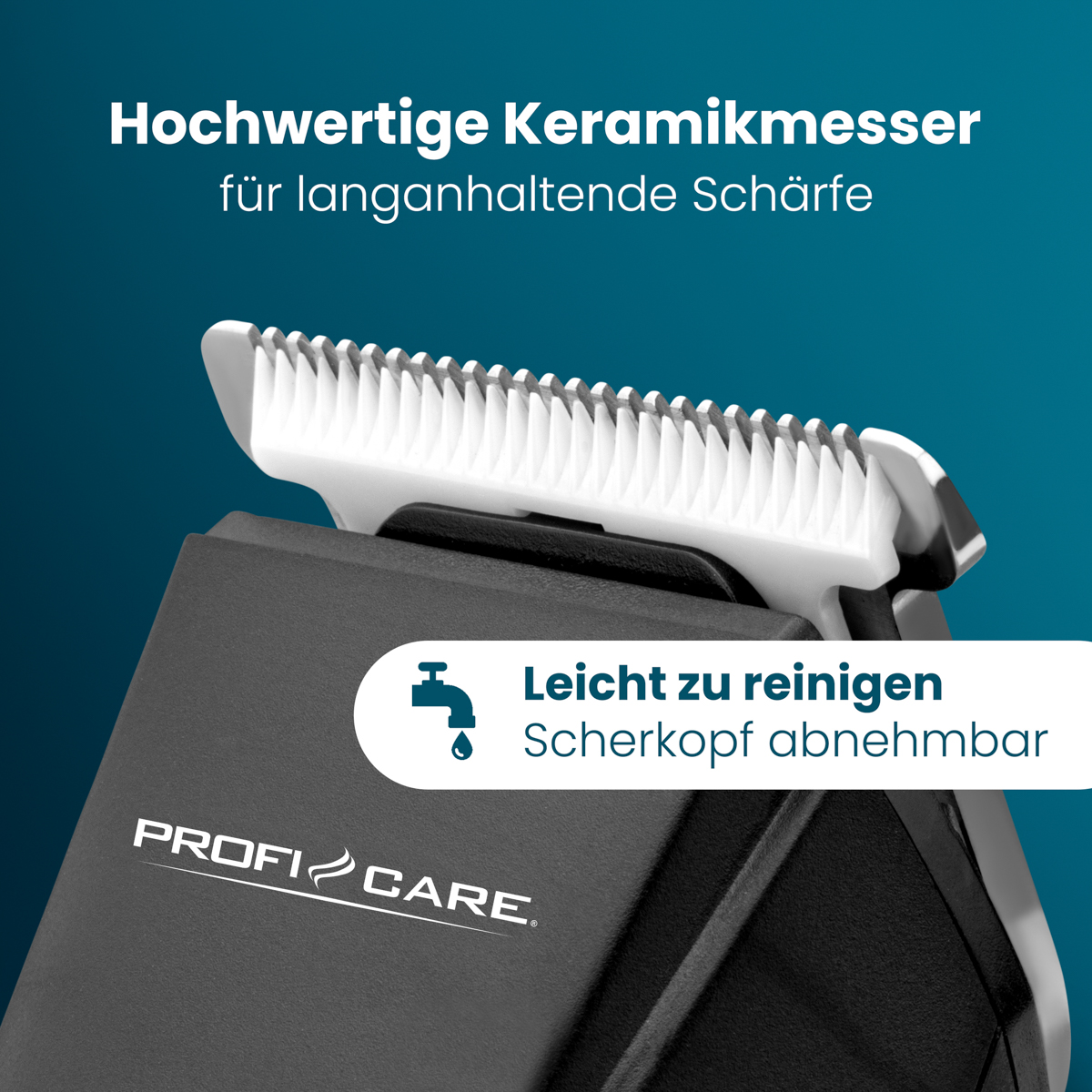 Nahaufnahme eines schwarz-weißen Elektrorasiererkopfes mit Text, der Keramikklingen, einfache Reinigung und einen abnehmbaren Kopf angibt.