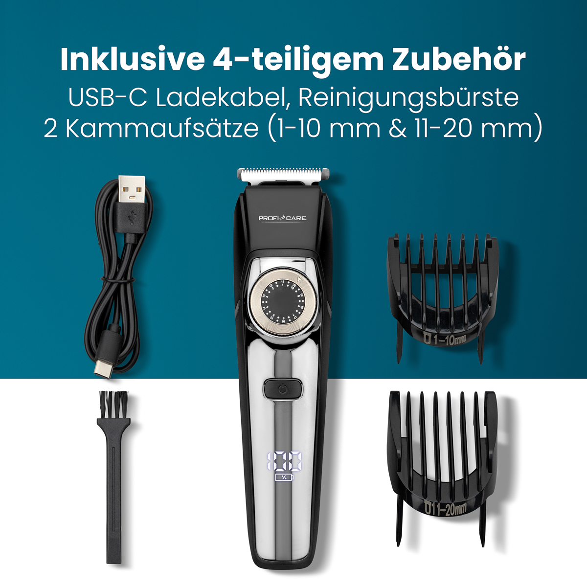 Ein schwarzer und silberner Bartschneider mit Zubehör: USB-C-Kabel, Reinigungsbürste und zwei Kammaufsätze. Text auf Deutsch.