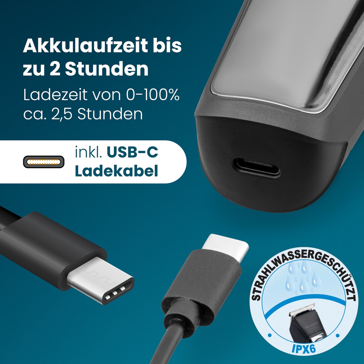 Das Bild zeigt einen schwarzen Rasierer mit USB-C-Ladekabel. Text zeigt 2 Stunden Akkulaufzeit, 2,5 Stunden Ladezeit und IPX6-Wasserfestigkeit.
