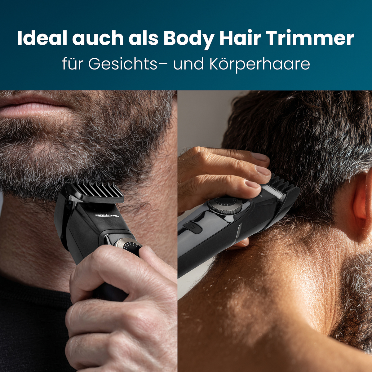 Ein Mann benutzt einen schwarzen Trimmer an Bart und Nacken. Der Trimmer ist für Gesichts- und Körperhaare.