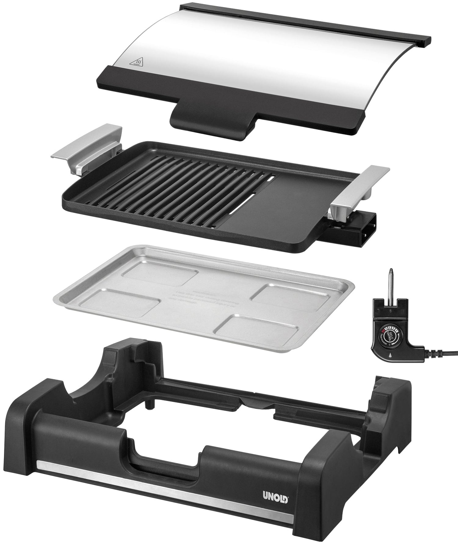 Zerlegter Elektrogrill. Enthält eine Abdeckung, Grillplatte, Tropfschale, Sockel und Temperaturregler. Alle Teile sind schwarz und silber.