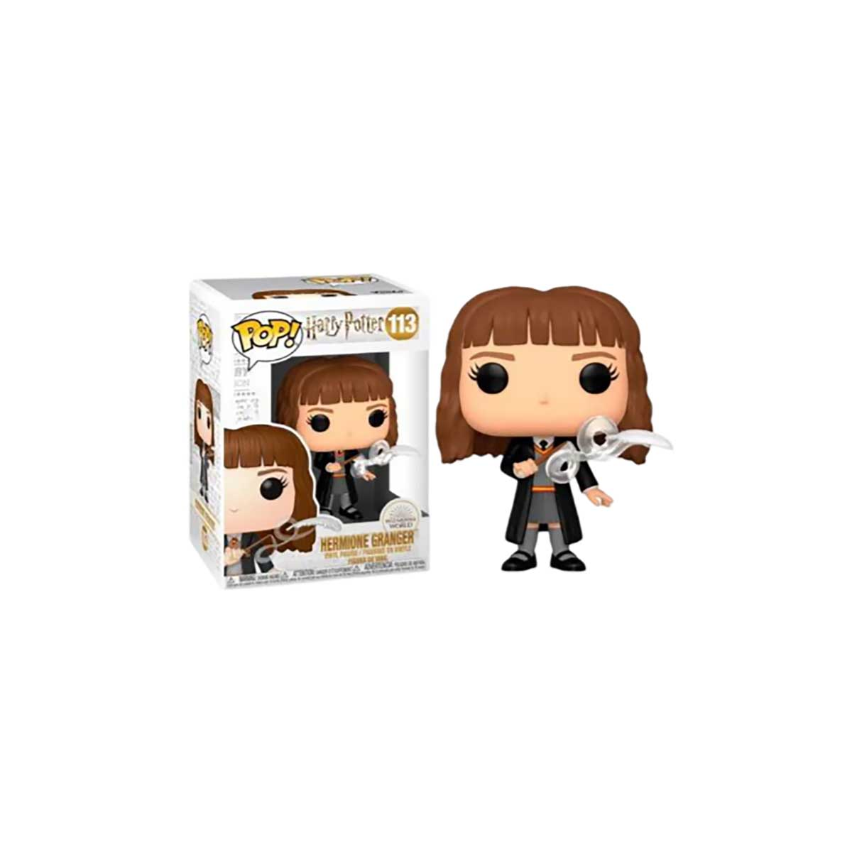 Figura Funko Pop de Hermione Granger. Cabello castaño, túnica negra, sosteniendo tijeras. Versión en caja visible. Fondo blanco.
