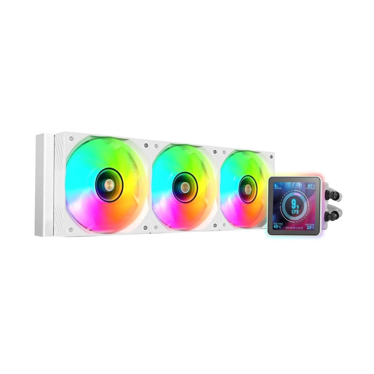 Sistema de refrigeración de computadora blanco con tres ventiladores coloridos y una pequeña pantalla que muestra el uso y las temperaturas de la CPU.