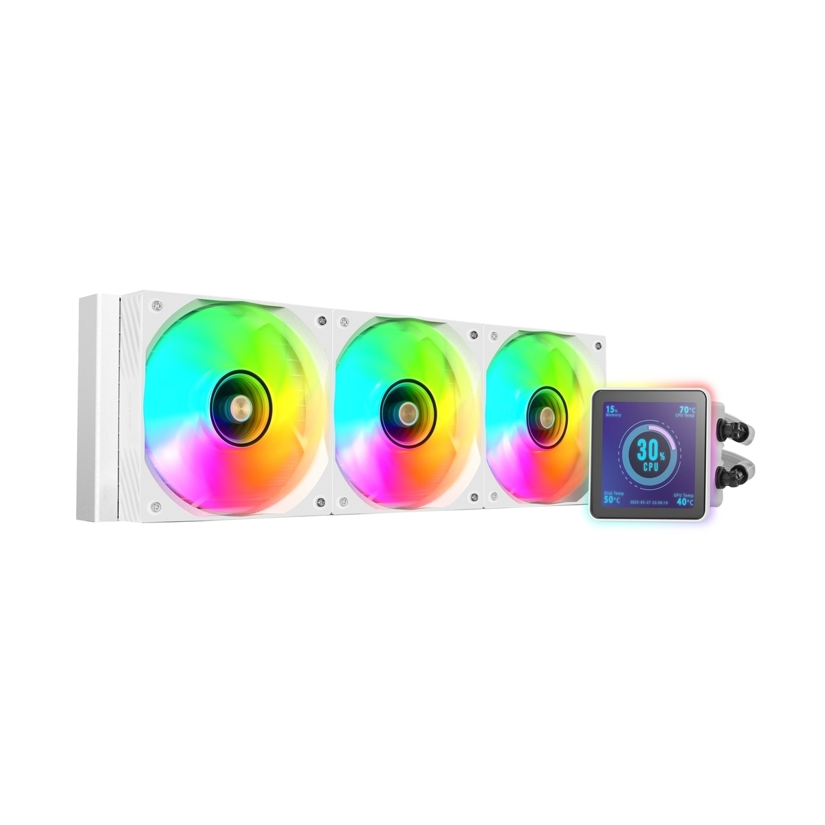 Sistema de refrigeración de ordenador blanco con tres ventiladores que muestran colores arcoíris y una pantalla pequeña con datos de CPU.