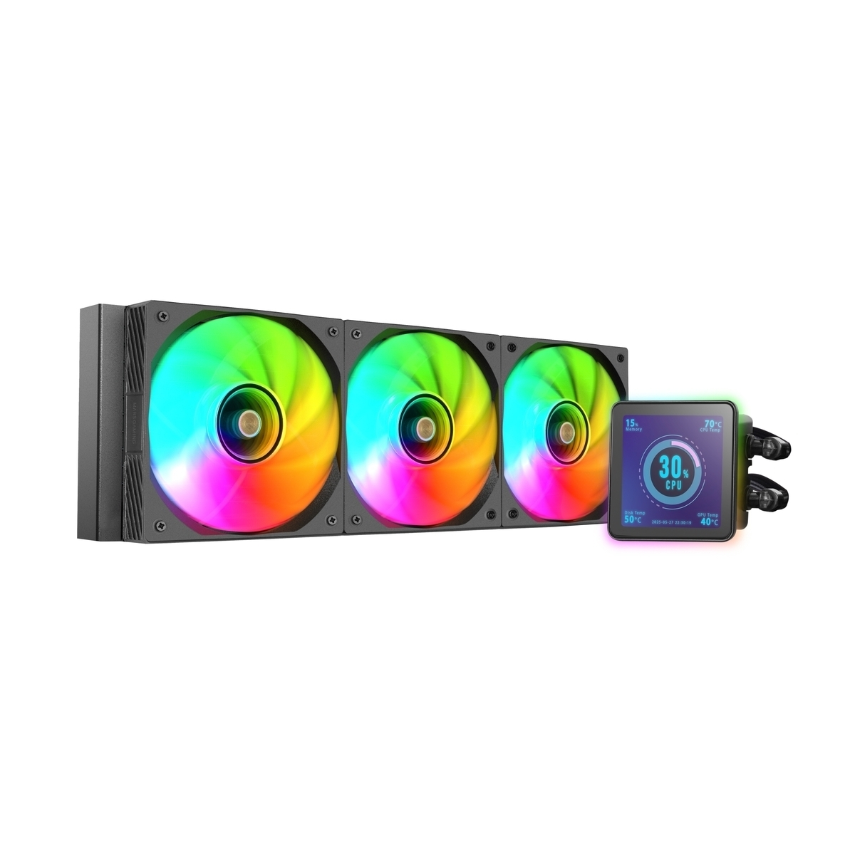 Un dissipatore a liquido per computer con tre ventole a LED arcobaleno e un piccolo schermo che mostra i dati di CPU e temperatura.