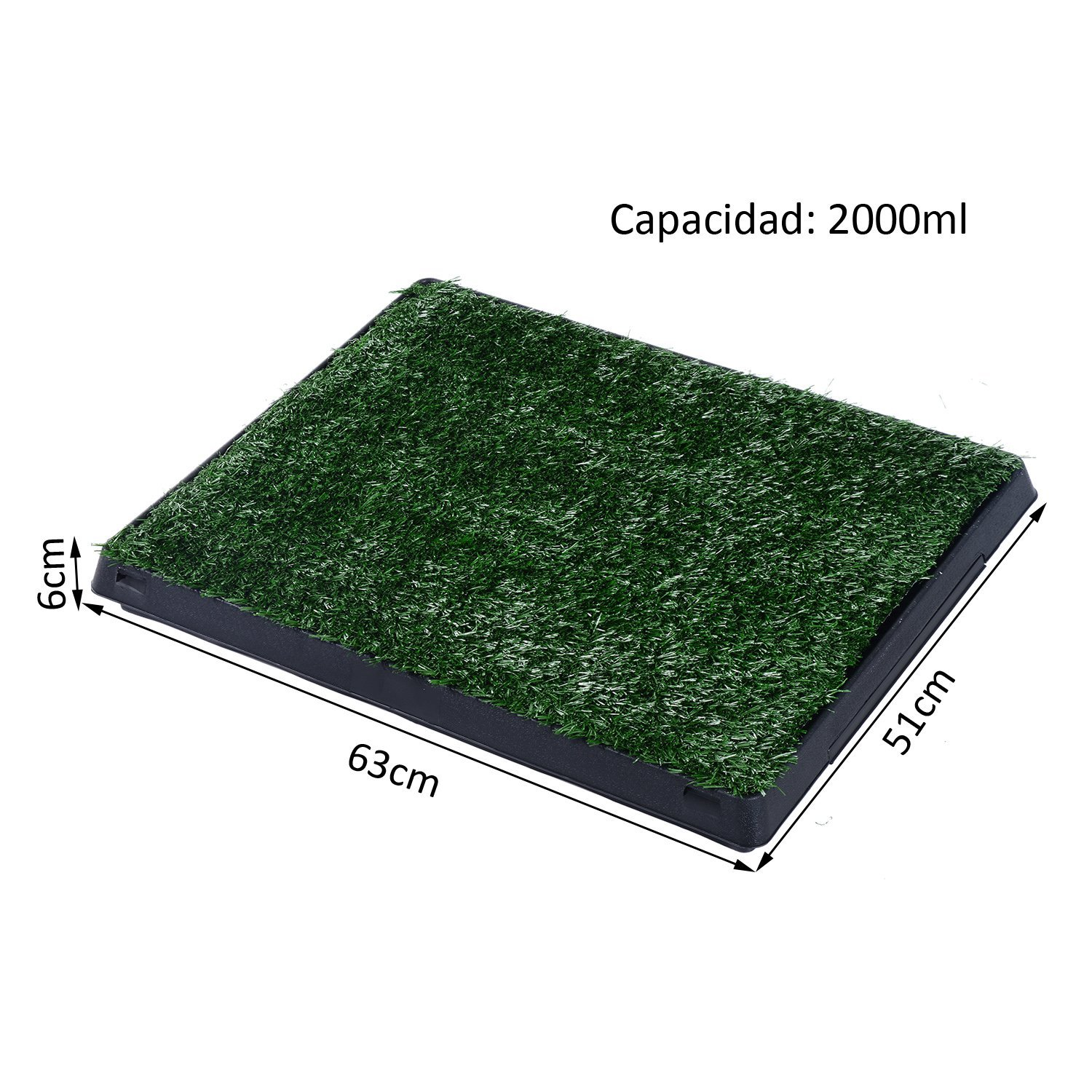 Un orinal rectangular para mascotas con césped artificial verde. Tiene un marco negro. Dimensiones: 63x51x6cm. Capacidad: 2000ml.