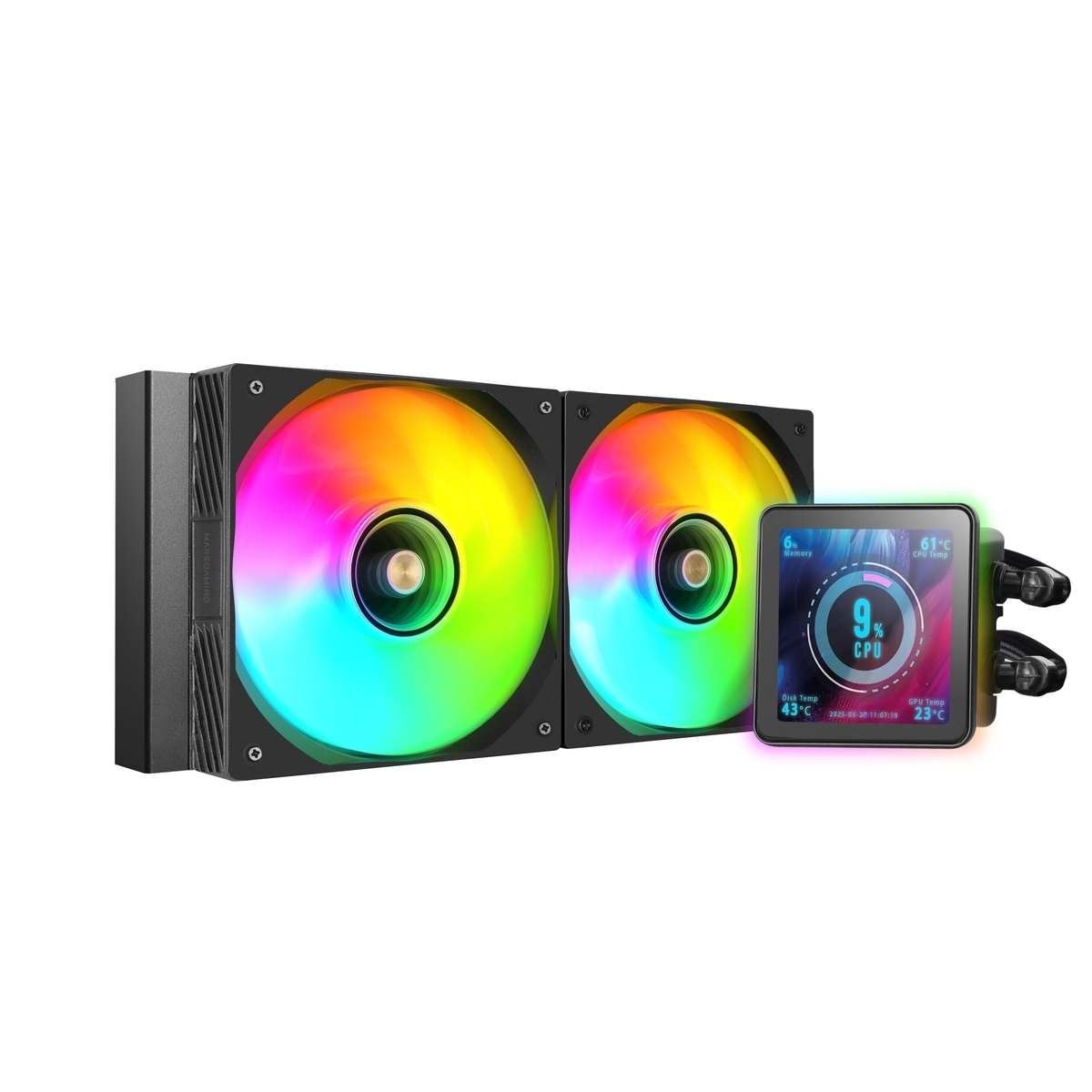 Un dissipatore a liquido per PC con due ventole che mostrano colori arcobaleno. Un piccolo schermo mostra l'utilizzo della CPU e le temperature.