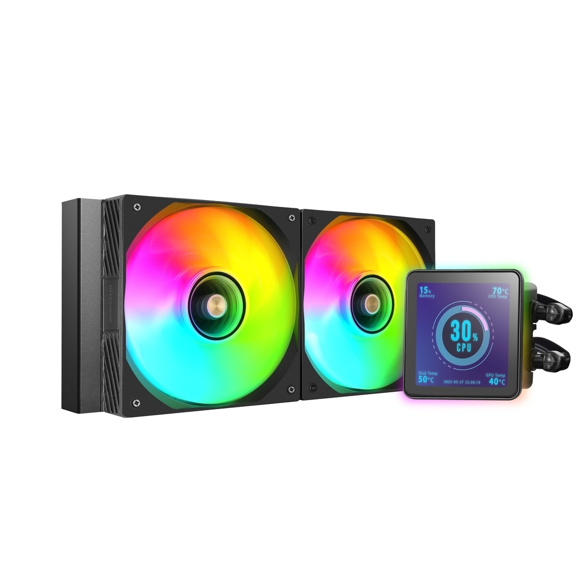 Un dissipatore CPU con due ventole, luci arcobaleno e uno schermo che mostra l'utilizzo di CPU e memoria, e le temperature.