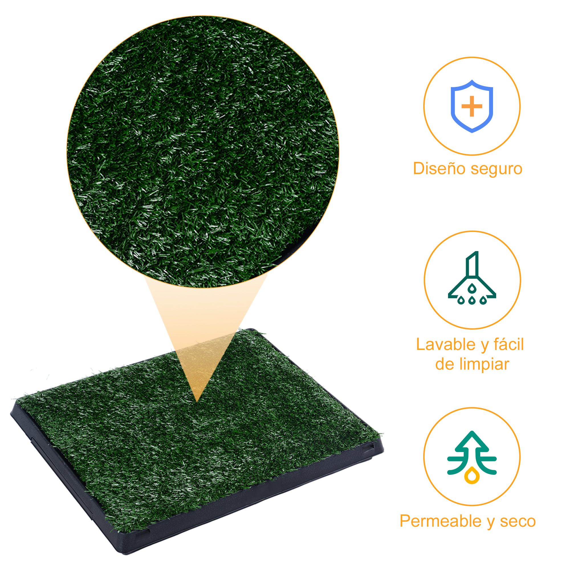 Una alfombra verde para entrenamiento de mascotas. Un primer plano muestra la textura del césped. Iconos indican seguridad, limpieza fácil y permeabilidad.