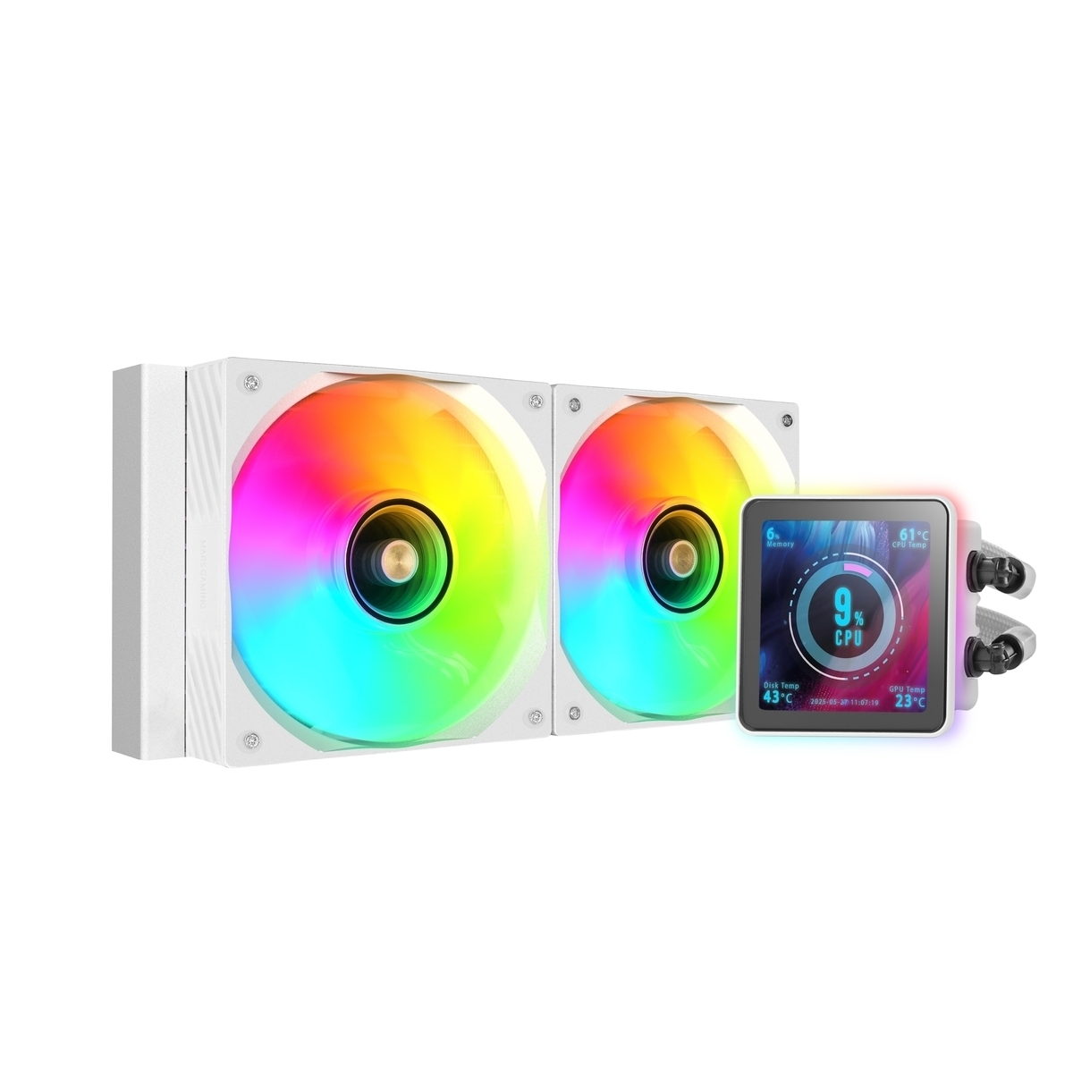 Dissipatore CPU bianco con due ventole con luci arcobaleno. Un piccolo schermo mostra l'utilizzo della CPU e le temperature.