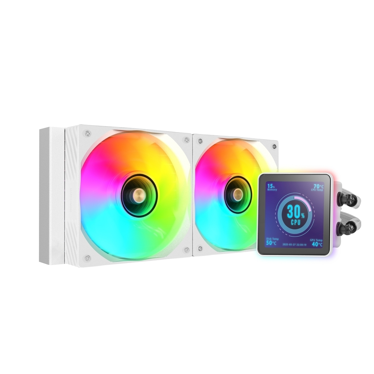 Un sistema di raffreddamento per computer bianco. Due ventole con luci LED arcobaleno. Un piccolo schermo mostra i dati della CPU e della temperatura.