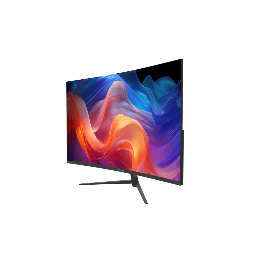 Zakrzywiony monitor z kolorowym, abstrakcyjnym wyświetlaczem. Monitor ma czarną ramkę i podstawę. Tło jest białe.