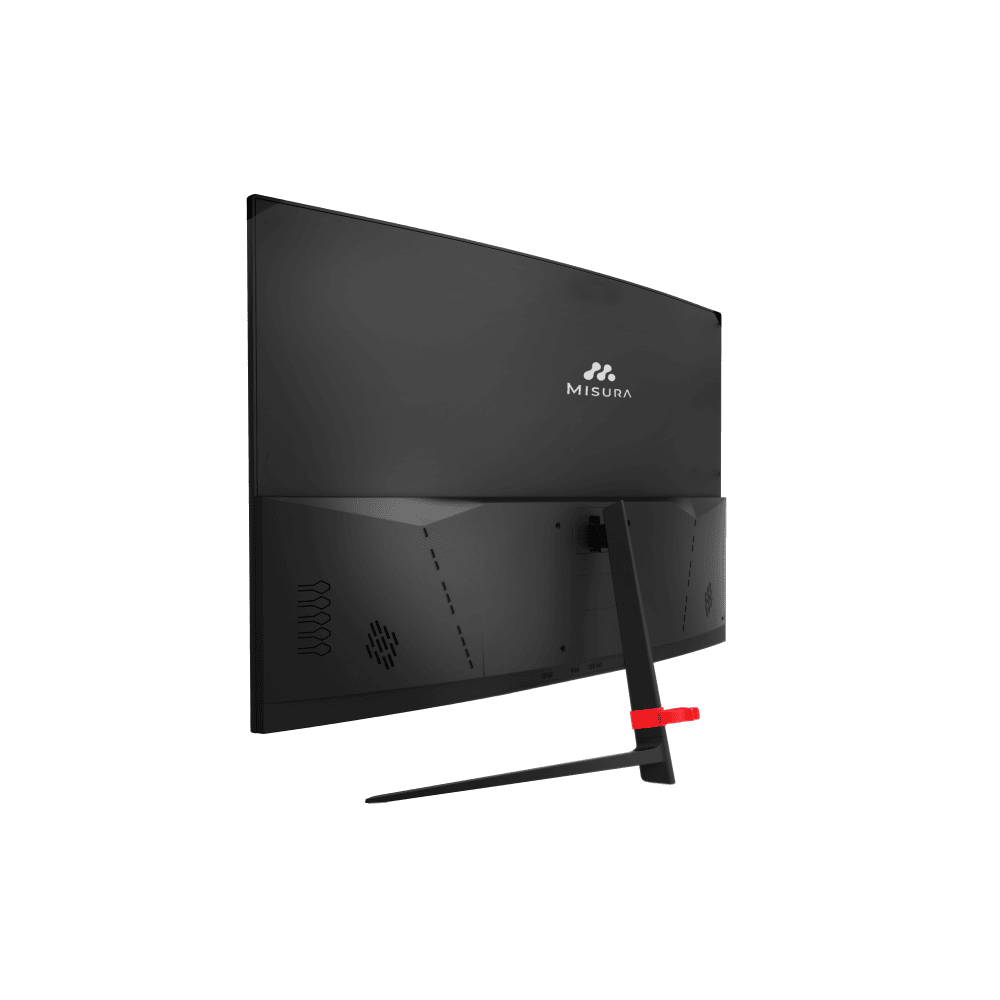 Widok z tyłu czarnego monitora Misura. Posiada podstawkę z czerwonym akcentem. Monitor ma elegancki, nowoczesny design.