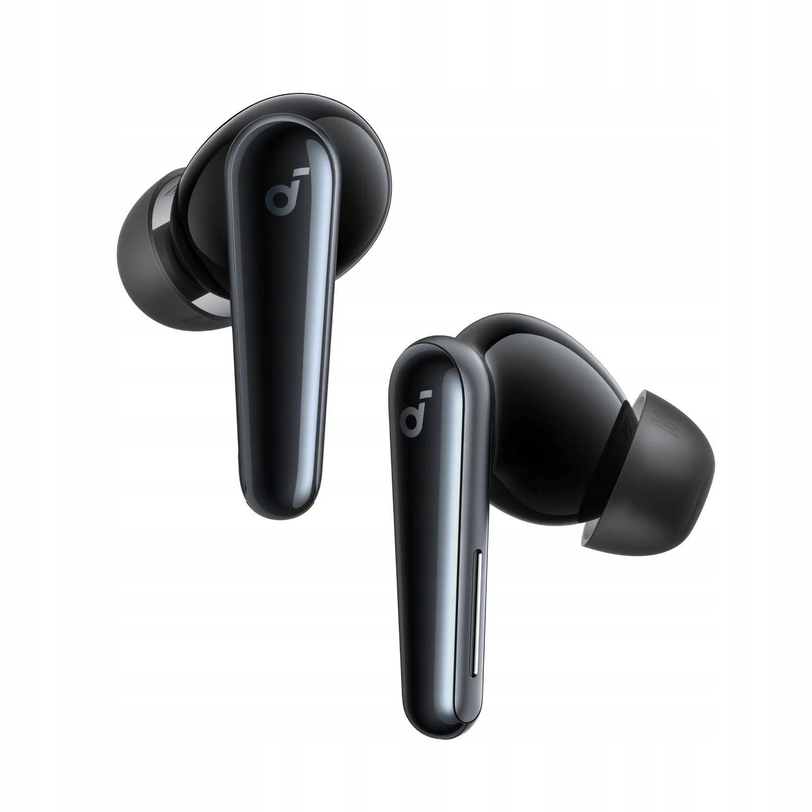 Due auricolari wireless neri su sfondo bianco. Ogni auricolare ha il logo Anker.