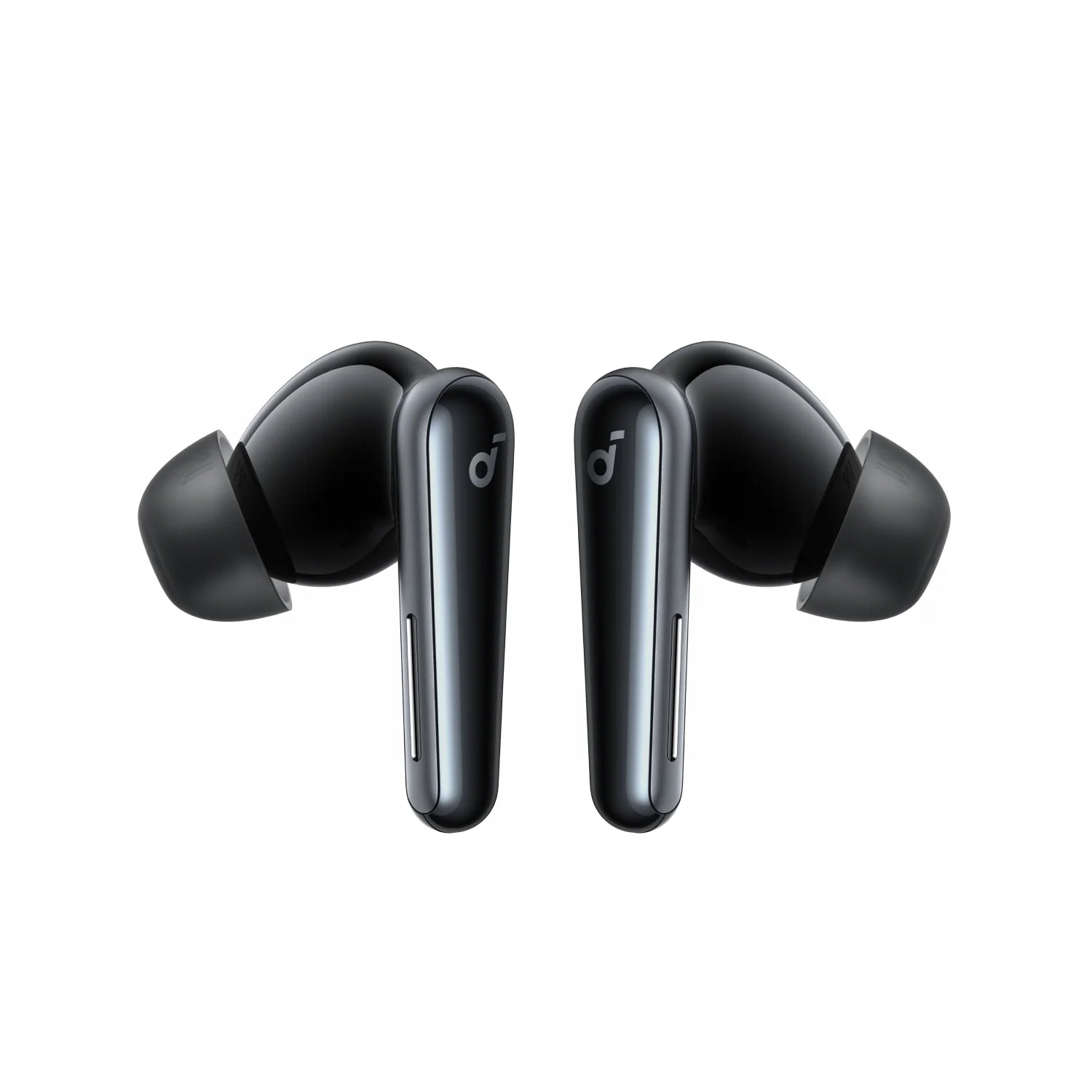 Due auricolari wireless neri con dettagli grigi su sfondo bianco. Gli auricolari sono angolati l'uno verso l'altro.