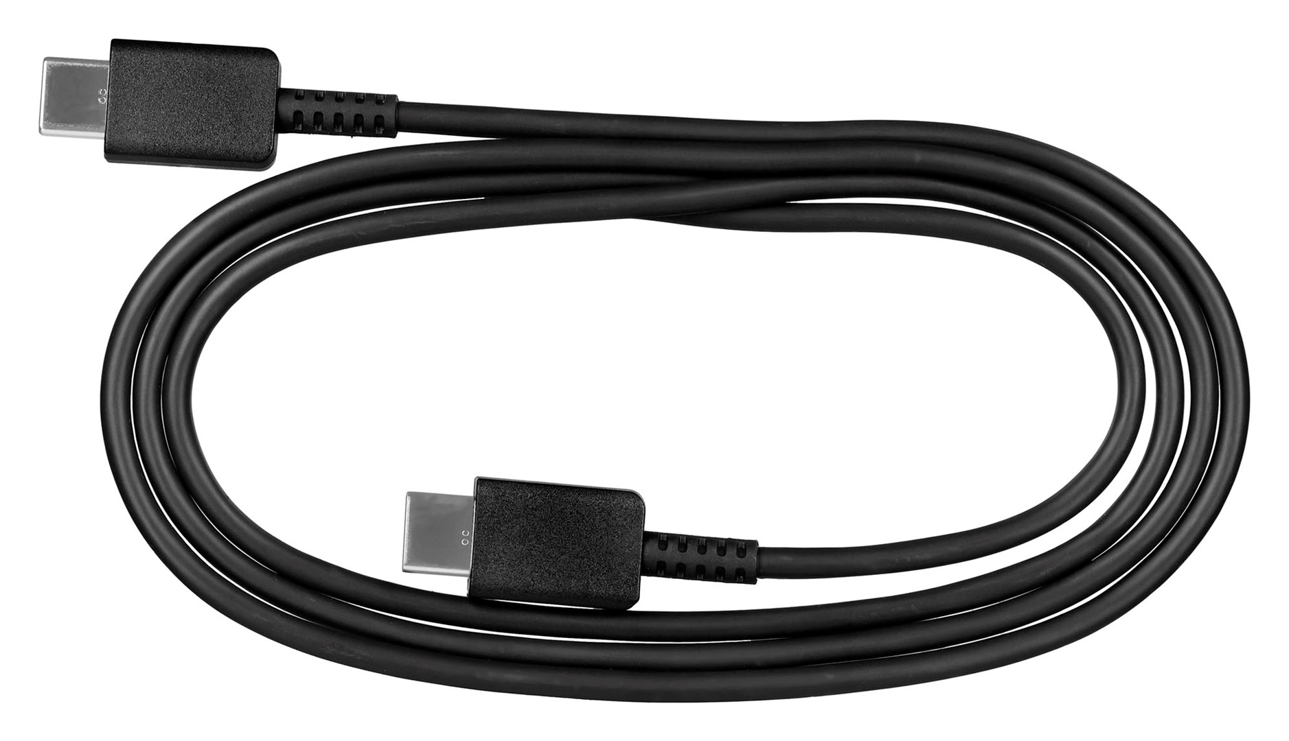 Czarny kabel USB-C ze złączami na każdym końcu. Kabel jest zapętlony, tworząc owalny kształt. Tło jest białe.