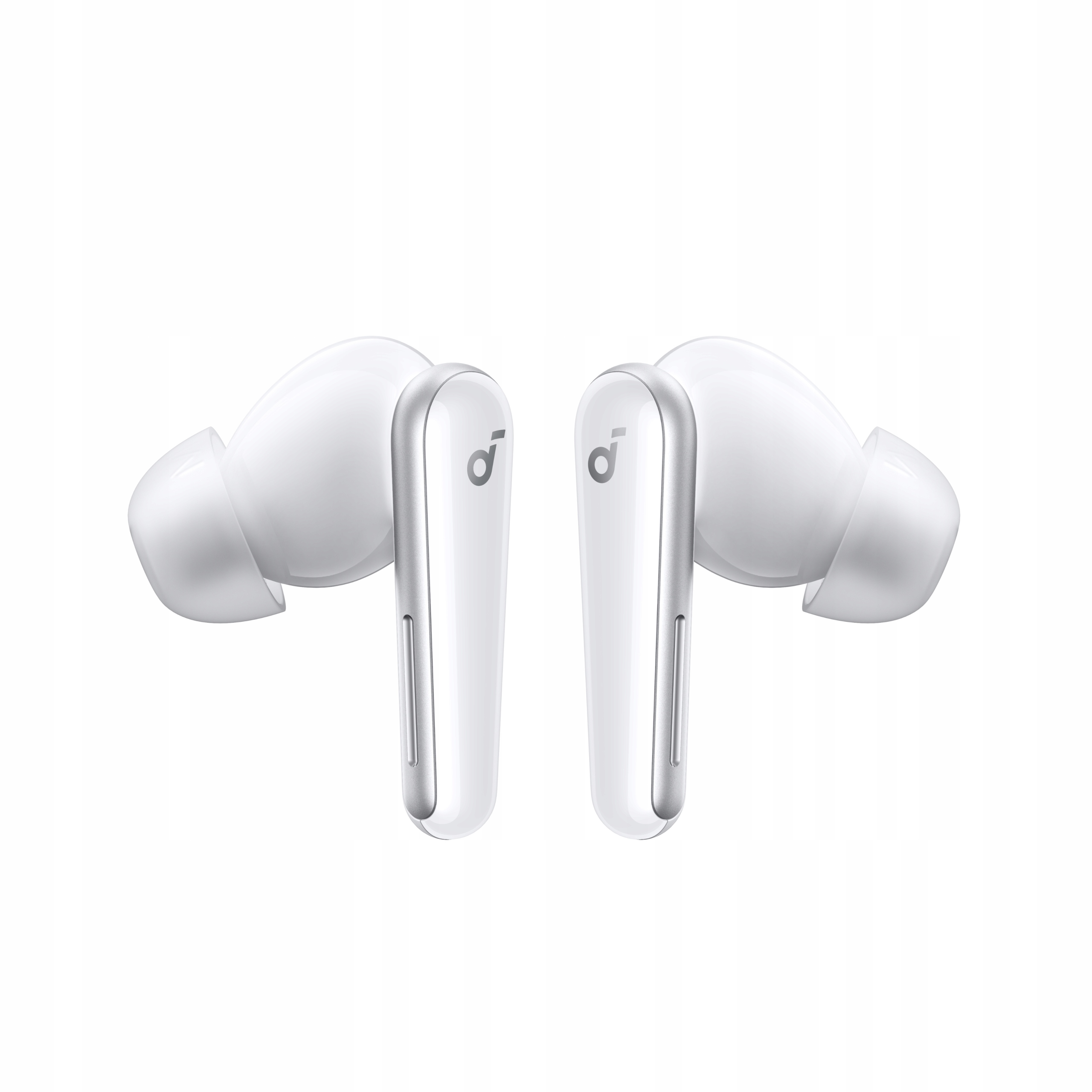 Due auricolari wireless bianche con dettagli argentati sono esposte simmetricamente. Lo sfondo è bianco.