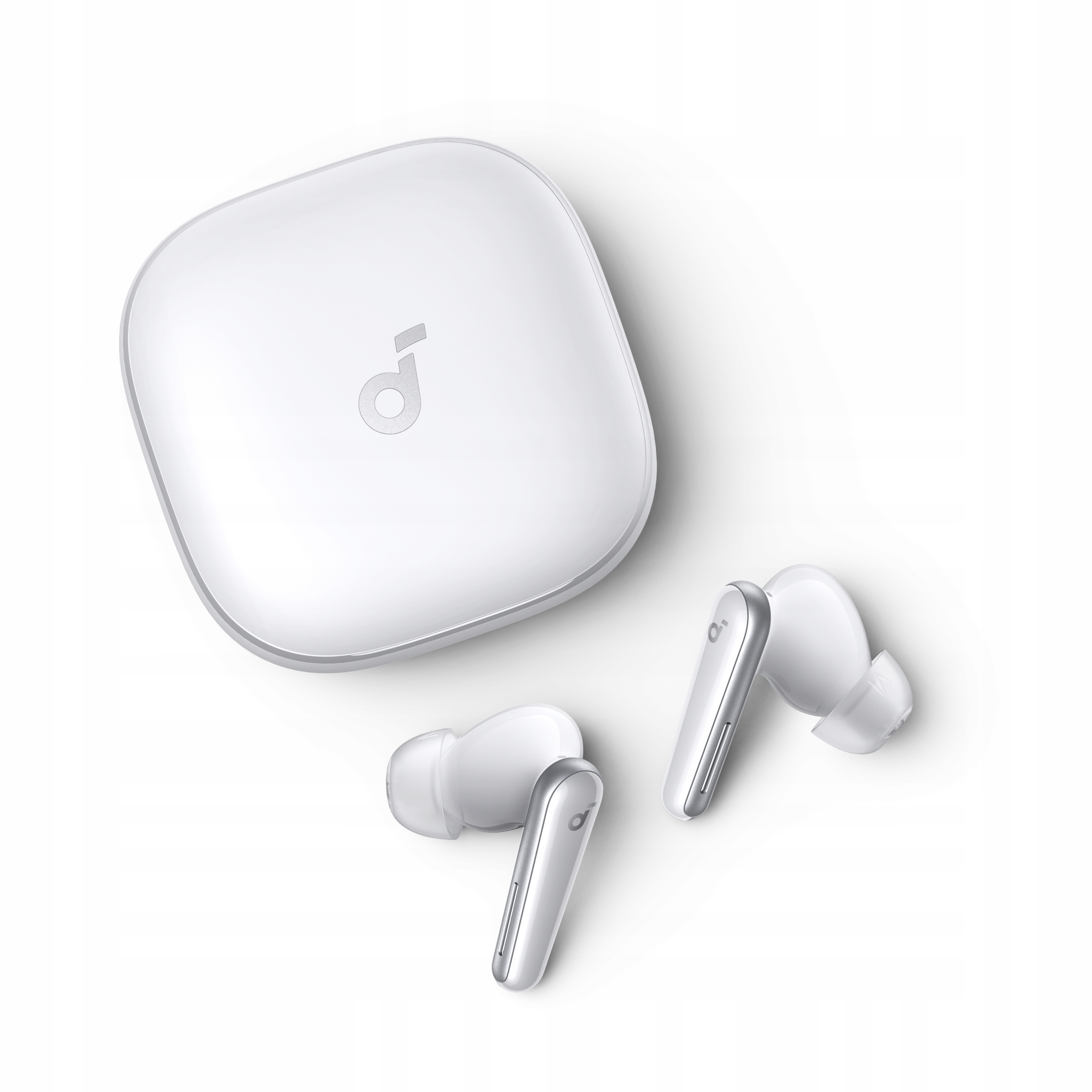 Auricolari bianchi e custodia di ricarica su sfondo bianco. La custodia è aperta, con gli auricolari accanto.