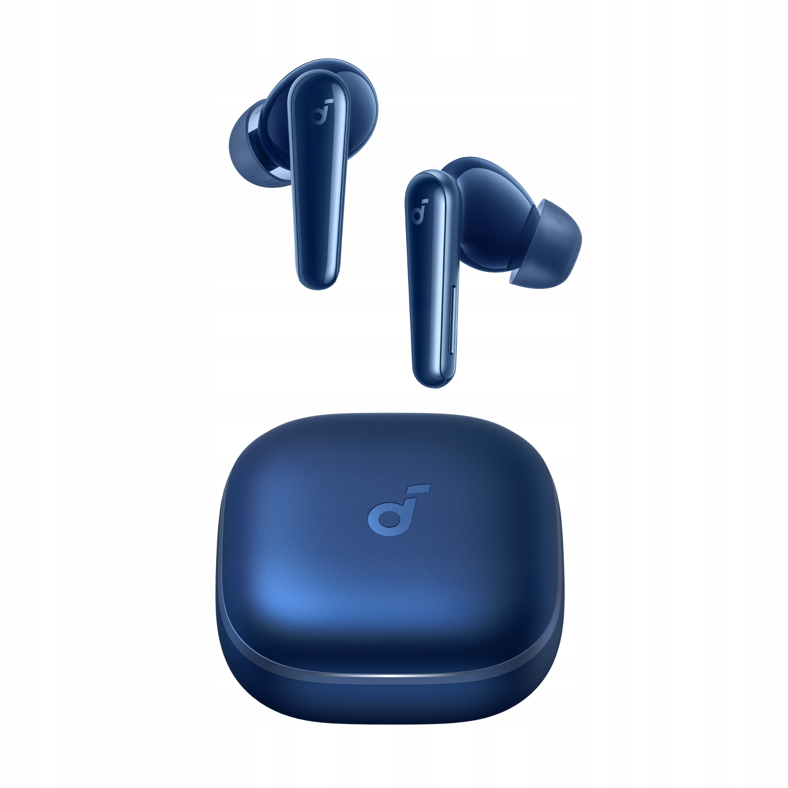 Un paio di auricolari wireless blu scuro e la loro custodia di ricarica su sfondo bianco.