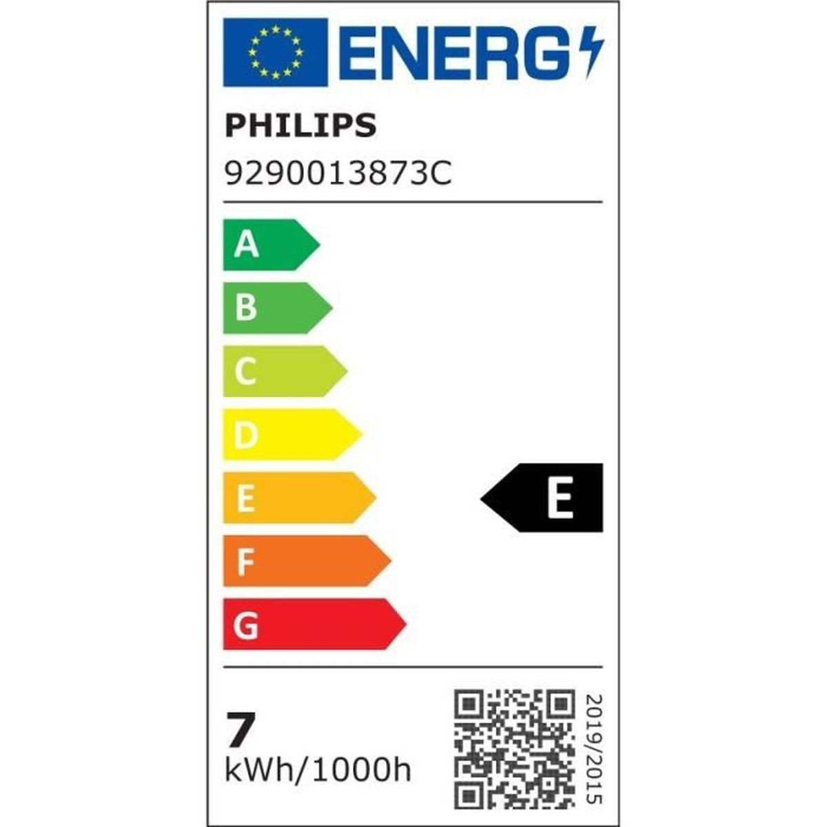 Energielabel met Philips-logo, energieschaal A-G, E gemarkeerd, en QR-code. Toont 7 kWh/1000h en het jaar 2019/2015.