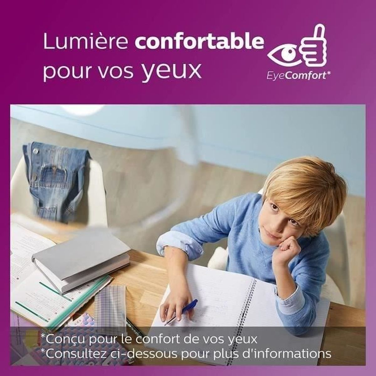 Een jongen zit aan een bureau met een notitieboek en pen. Een spijkerbroek hangt aan een stoel. De tekst zegt 'comfortabel licht voor je ogen'.