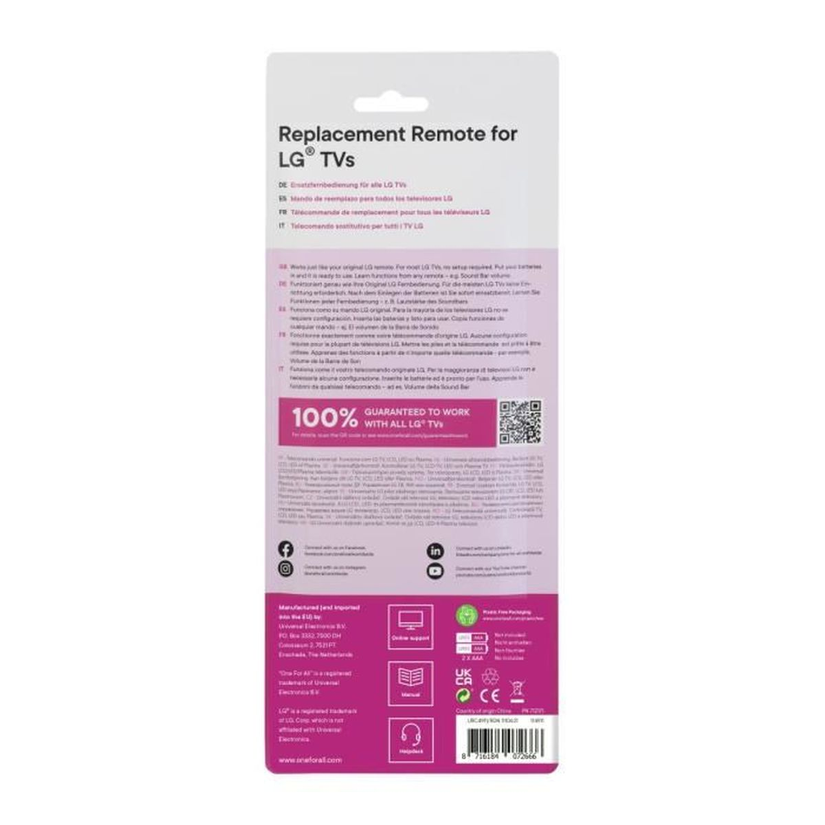 A replacement remote control package for LG TVs. Text and graphics are visible.