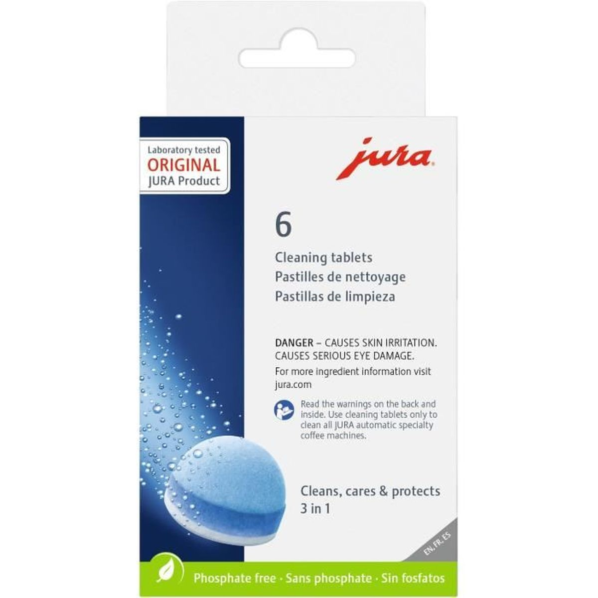 Una confezione di pastiglie pulenti Jura. La confezione è bianca e blu, con il logo del marchio e le informazioni sul prodotto.