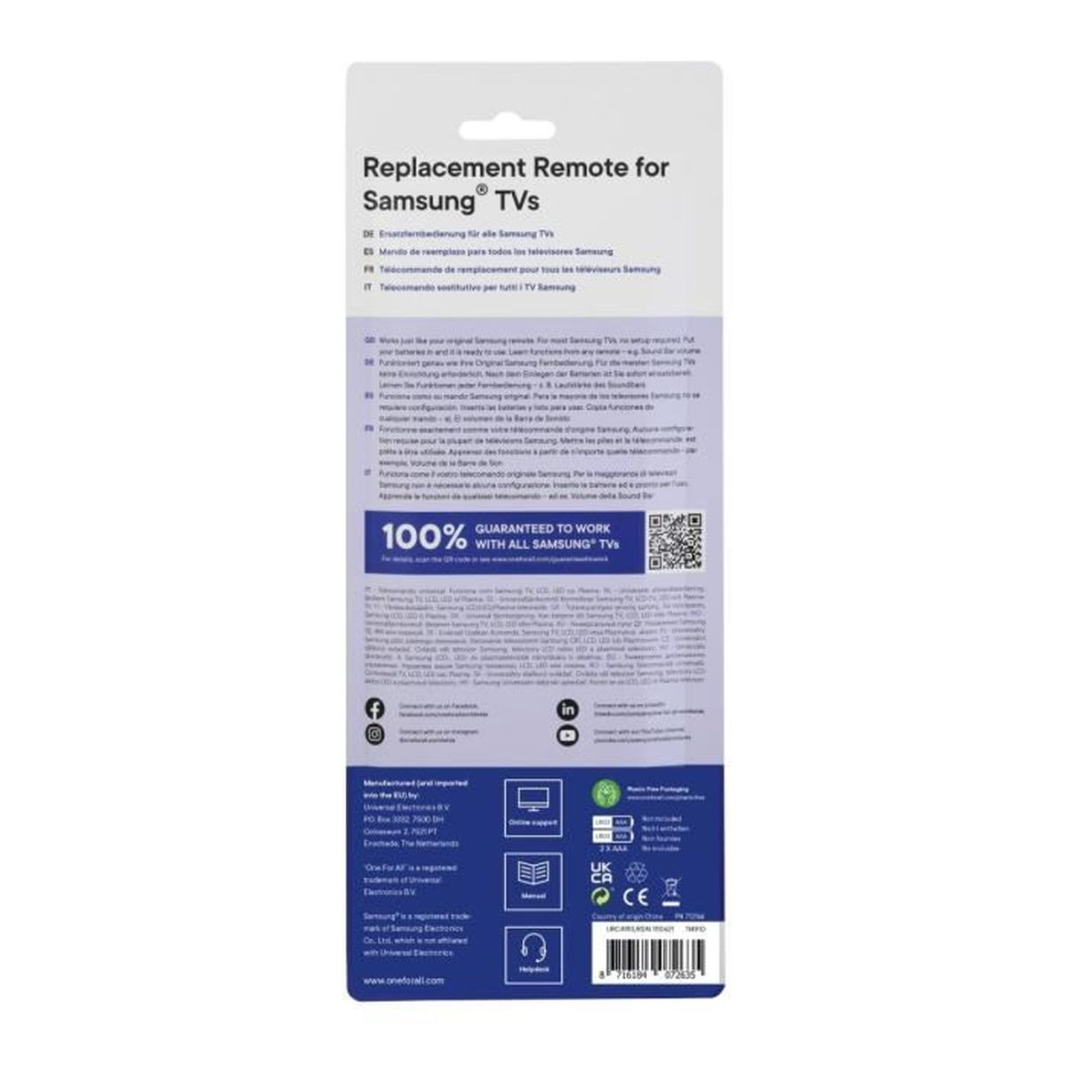Un paquete blanco y azul. Dice 'Mando a distancia de repuesto para televisores Samsung'. Tiene logotipos y texto.