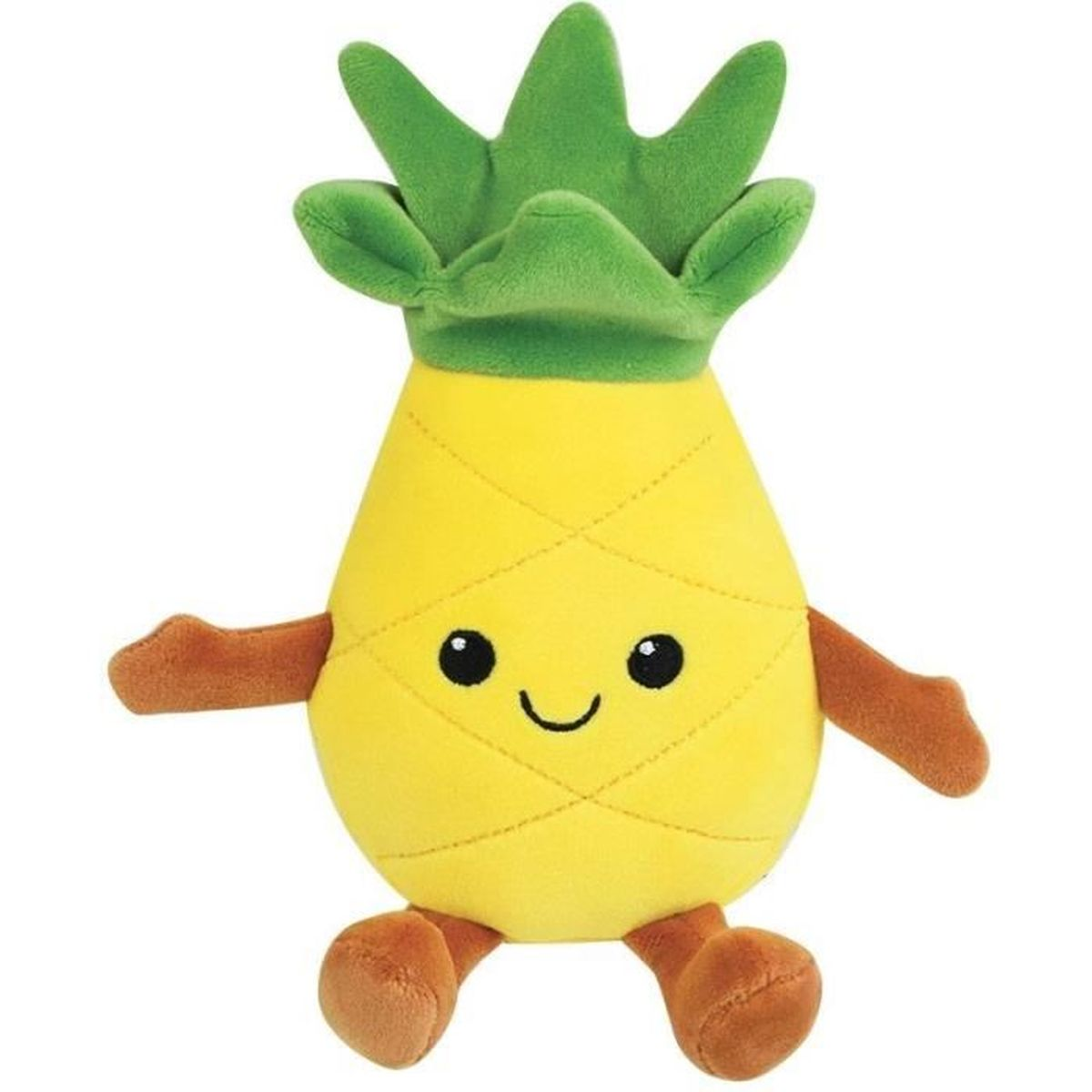 Un ananas en peluche avec un visage souriant, des bras et des jambes. L'ananas est jaune avec des feuilles vertes et des membres bruns.