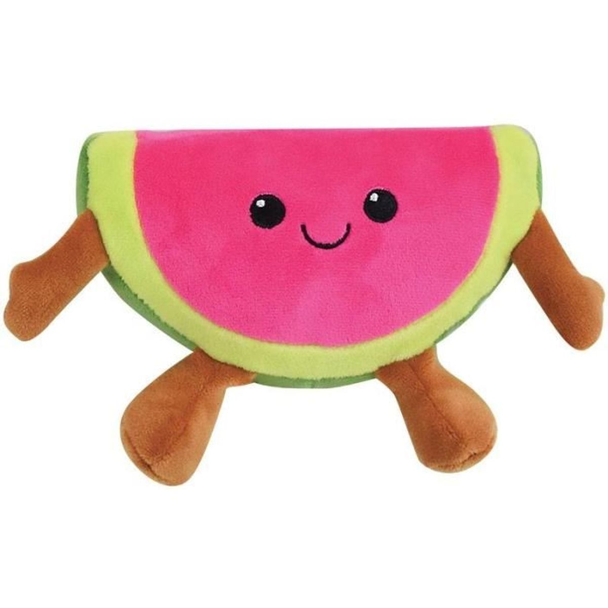 Une tranche de pastèque en peluche avec un visage souriant, des yeux noirs et des membres bruns. Elle a de la chair rose, une peau verte et des pattes marron.
