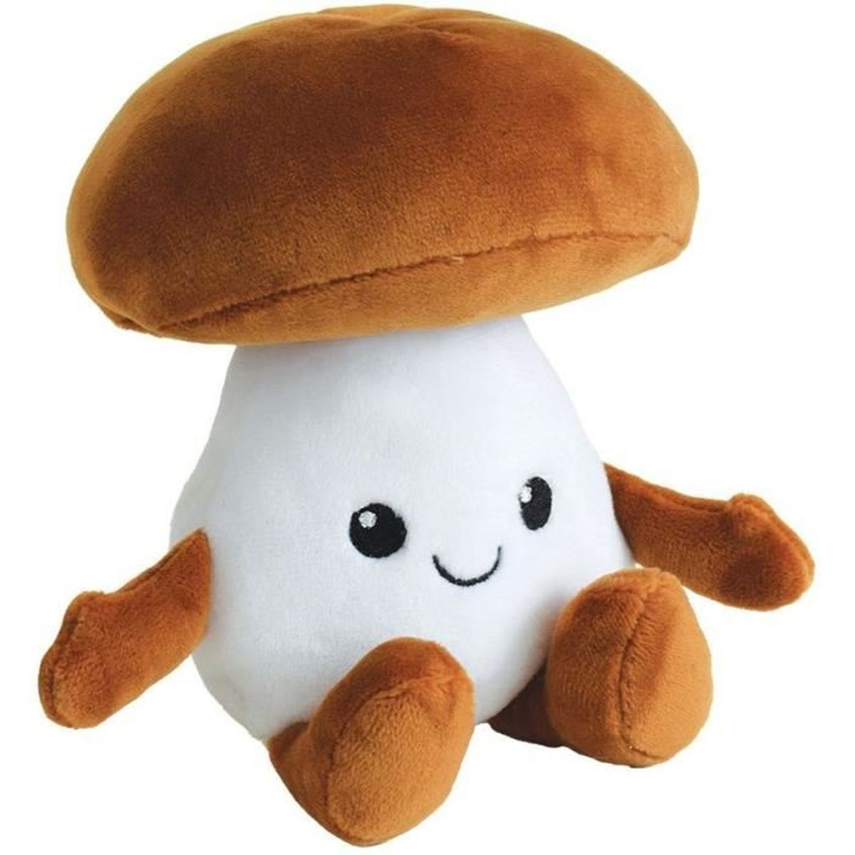 Un jouet en peluche en forme de champignon avec un chapeau et une tige marron, un corps blanc et un visage souriant. Il a de petits bras et pieds.