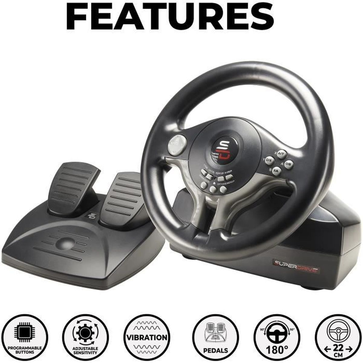 Ein schwarzes und graues Superdrive-Rennlenkrad mit Pedalen. Zu den Merkmalen gehören programmierbare Tasten, Vibration und 180-Grad-Drehung.