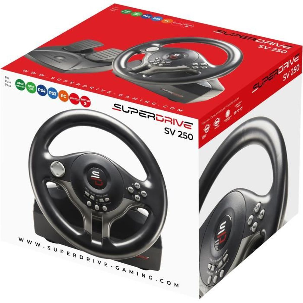 Ein Superdrive SV 250 Rennlenkrad-Kit wird gezeigt. Die Box ist rot und weiß mit Bildern des Lenkrads und der Pedale.