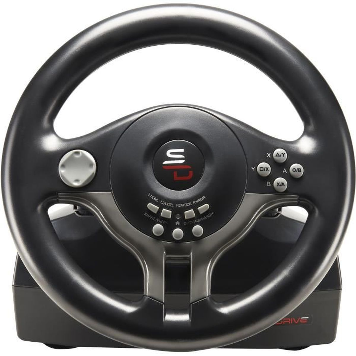 Ein schwarzes und graues Lenkrad mit Knöpfen, einem Logo und dem Wort "DRIVE" unten.