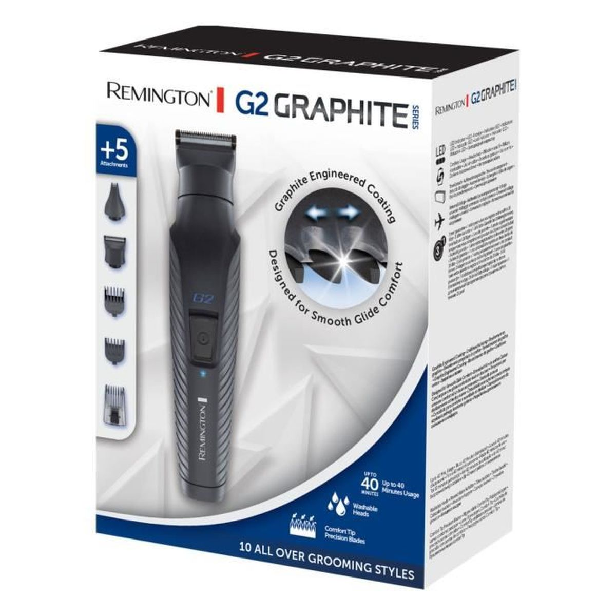 Pudełko zestawu do pielęgnacji Remington G2 Graphite. Czarny trymer z nasadkami, niebieskie akcenty i tekst. Zawiera głowice nadające się do mycia i do 40 minut użytkowania.