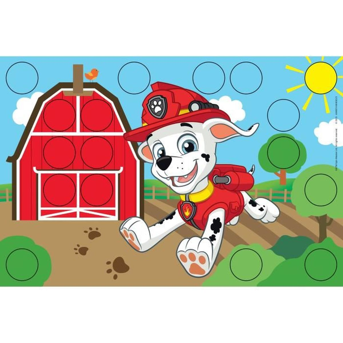 Ein Cartoon-Bild von Marshall, einer Paw Patrol-Figur, der vor einer roten Scheune rennt. Der Hintergrund ist blau mit einer gelben Sonne.