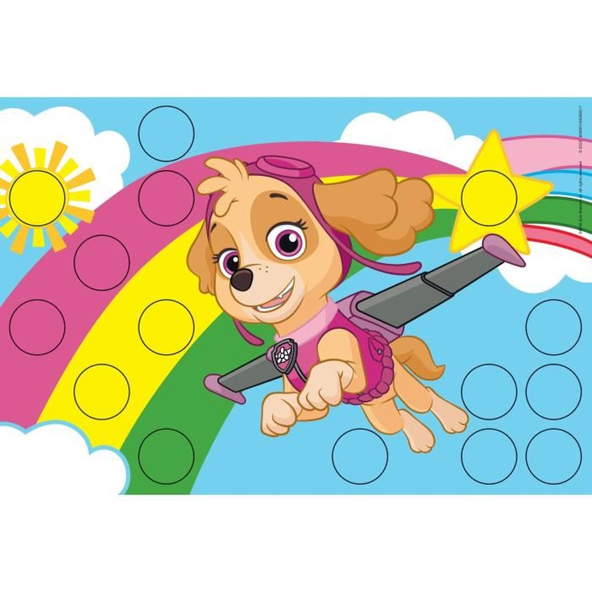 Skye von Paw Patrol fliegt. Sie hat eine rosa Brille und eine Weste. Regenbogen und Wolken im Hintergrund. Mehrere Kreise sind vorhanden.