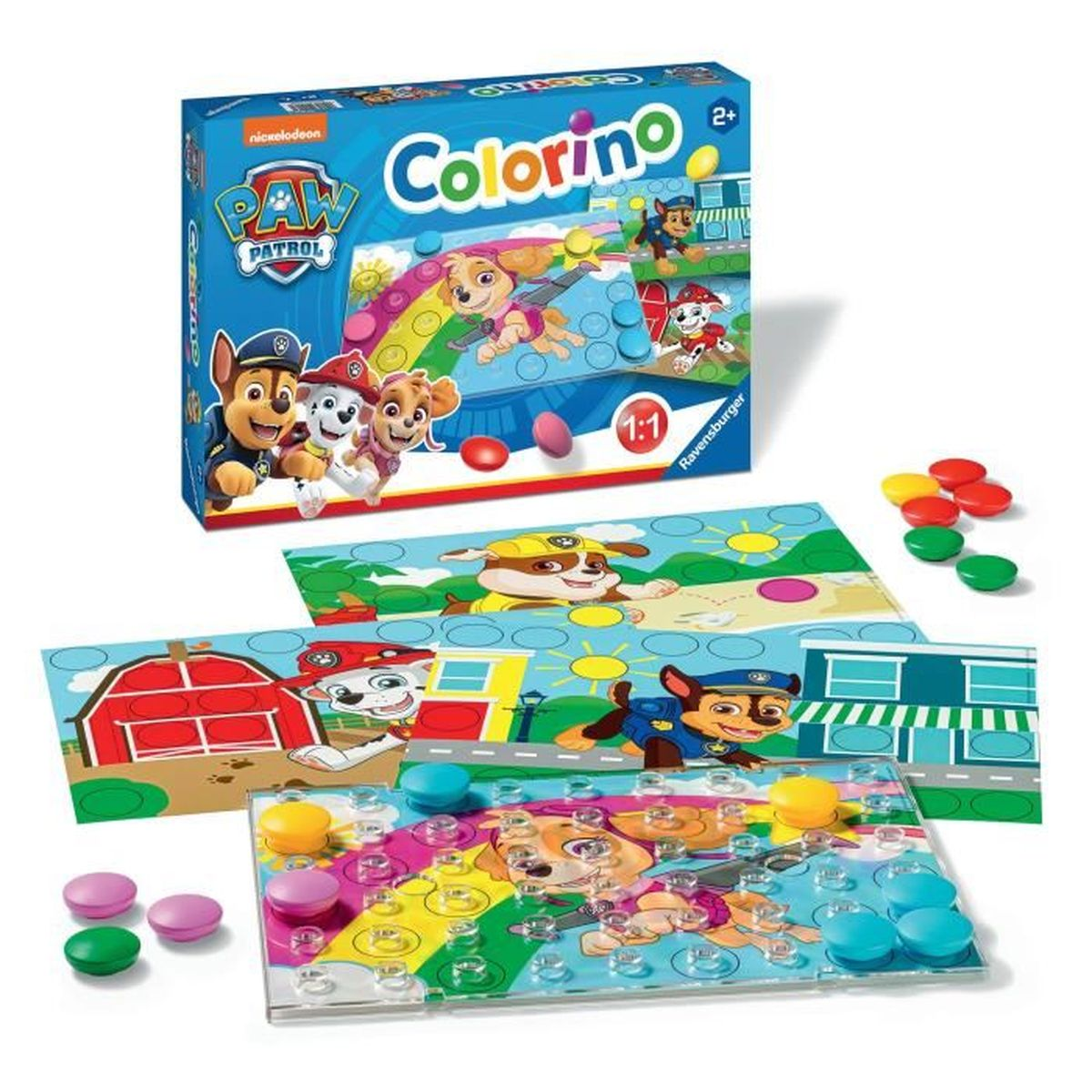 Eine Paw Patrol Colorino-Spielbox mit Spielbrettern und farbigen Spielsteinen. Die Bretter zeigen Paw Patrol-Charaktere und -Szenen.