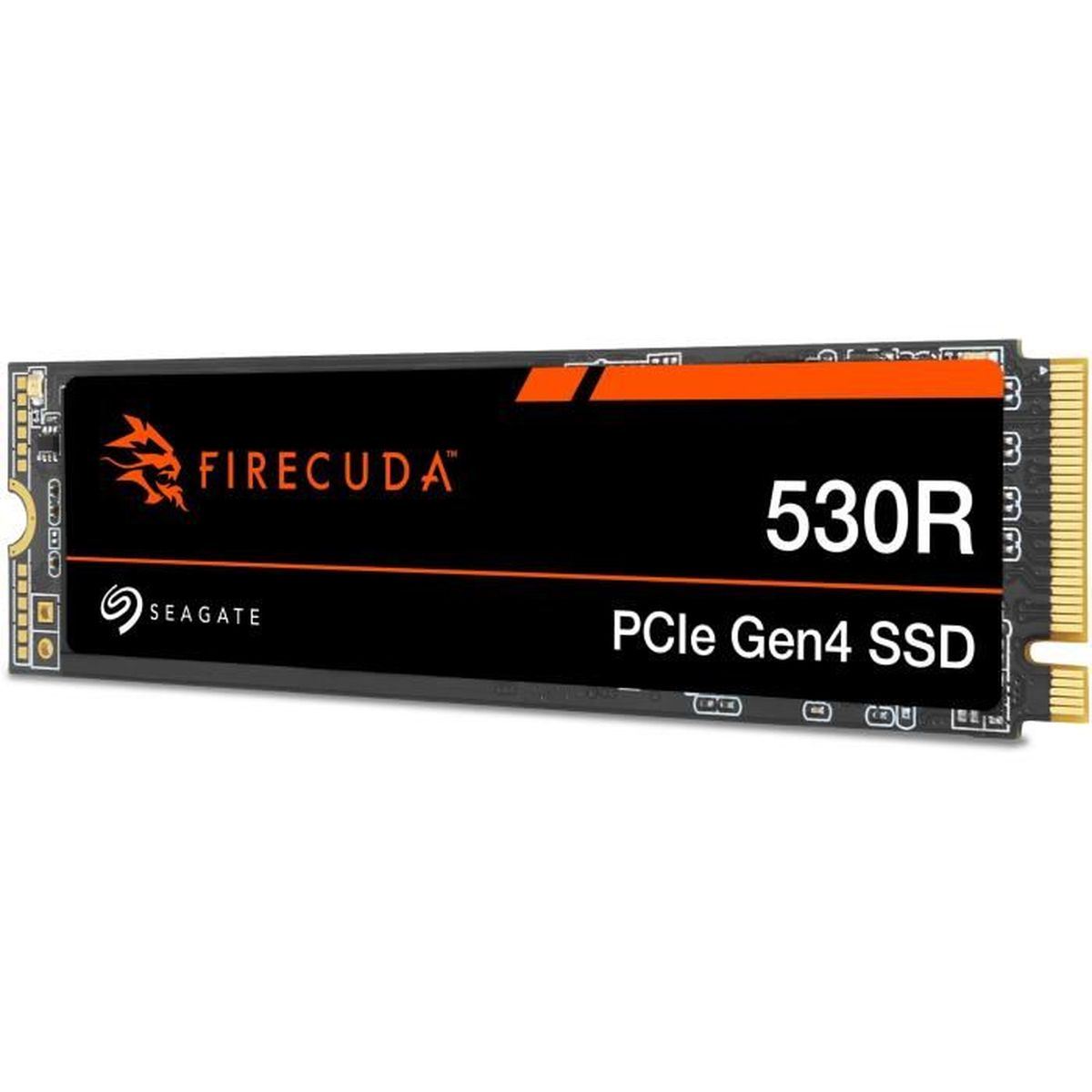 Czarny i pomarańczowy dysk SSD FireCuda 530R PCIe Gen4. Widoczne logo Seagate. Tekst na dysku SSD jest biały.