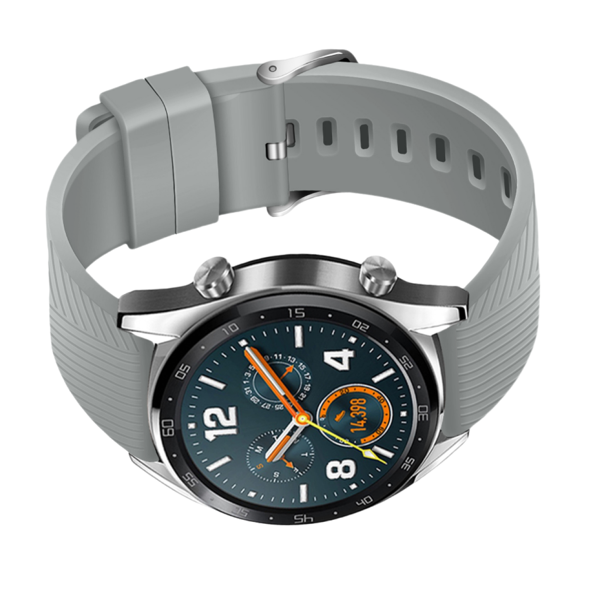 Eine graue Smartwatch mit schwarzem und orangefarbenem Zifferblatt. Das Armband ist ebenfalls grau. Die Uhr zeigt die Zeit und andere Daten an.