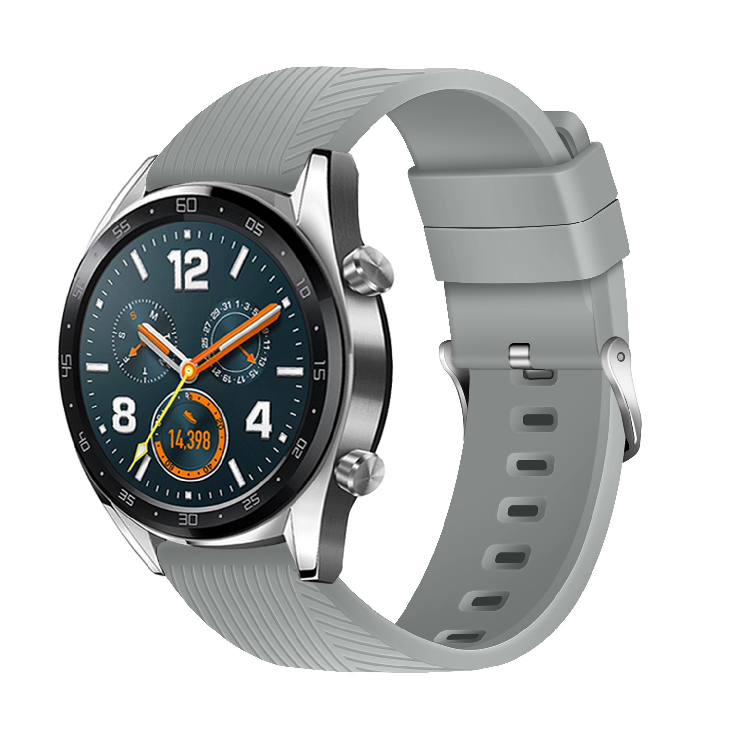 Eine silberne Smartwatch mit grauem Armband. Das Zifferblatt zeigt Zahlen und orangefarbene Zeiger. Das Armband hat eine Schnalle.