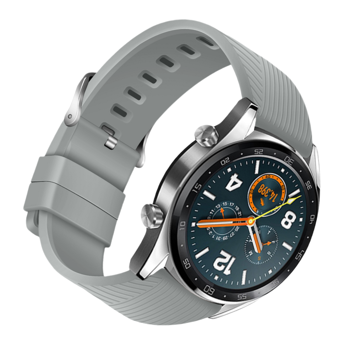 Eine Smartwatch mit grauem Armband. Das Zifferblatt zeigt Zahlen und Zeiger mit schwarzer Lünette. Der Hintergrund ist weiß.