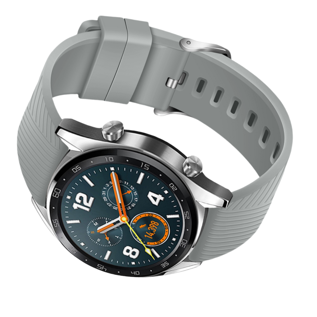 Eine graue Smartwatch mit dunkelblauem Zifferblatt, silberner Lünette und grauem Armband. Die Uhr zeigt Zahlen und orangefarbene Akzente.