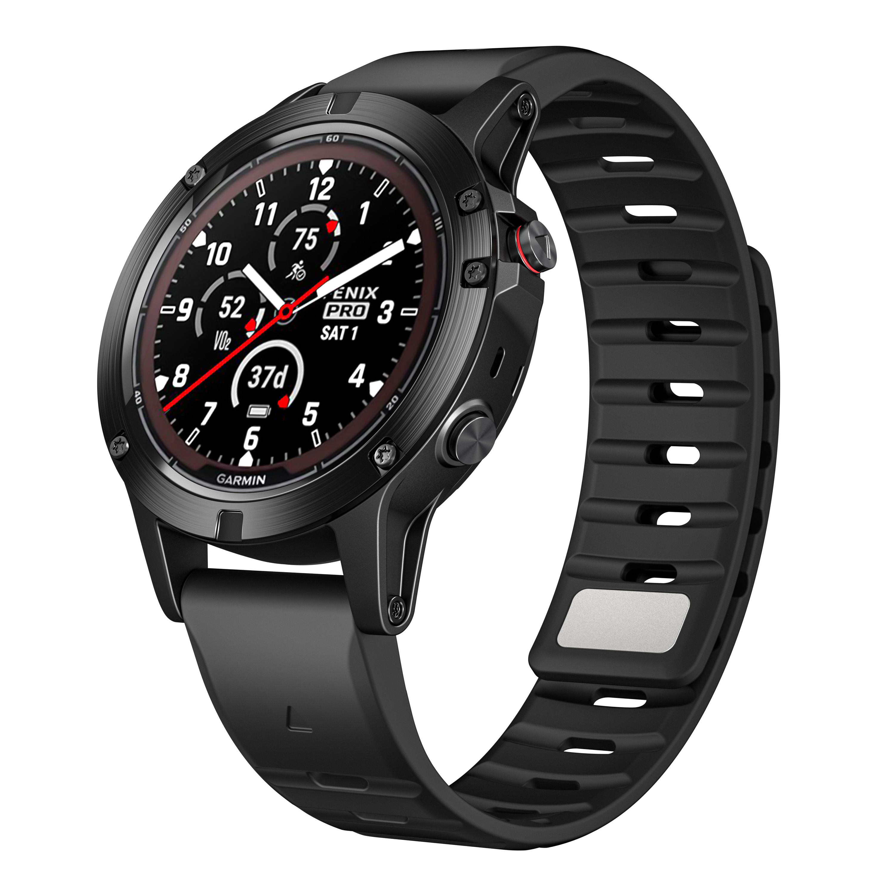 Un orologio Garmin Fenix Pro nero. L'orologio ha un quadrante rotondo con numeri e lancette. Anche il cinturino è nero.