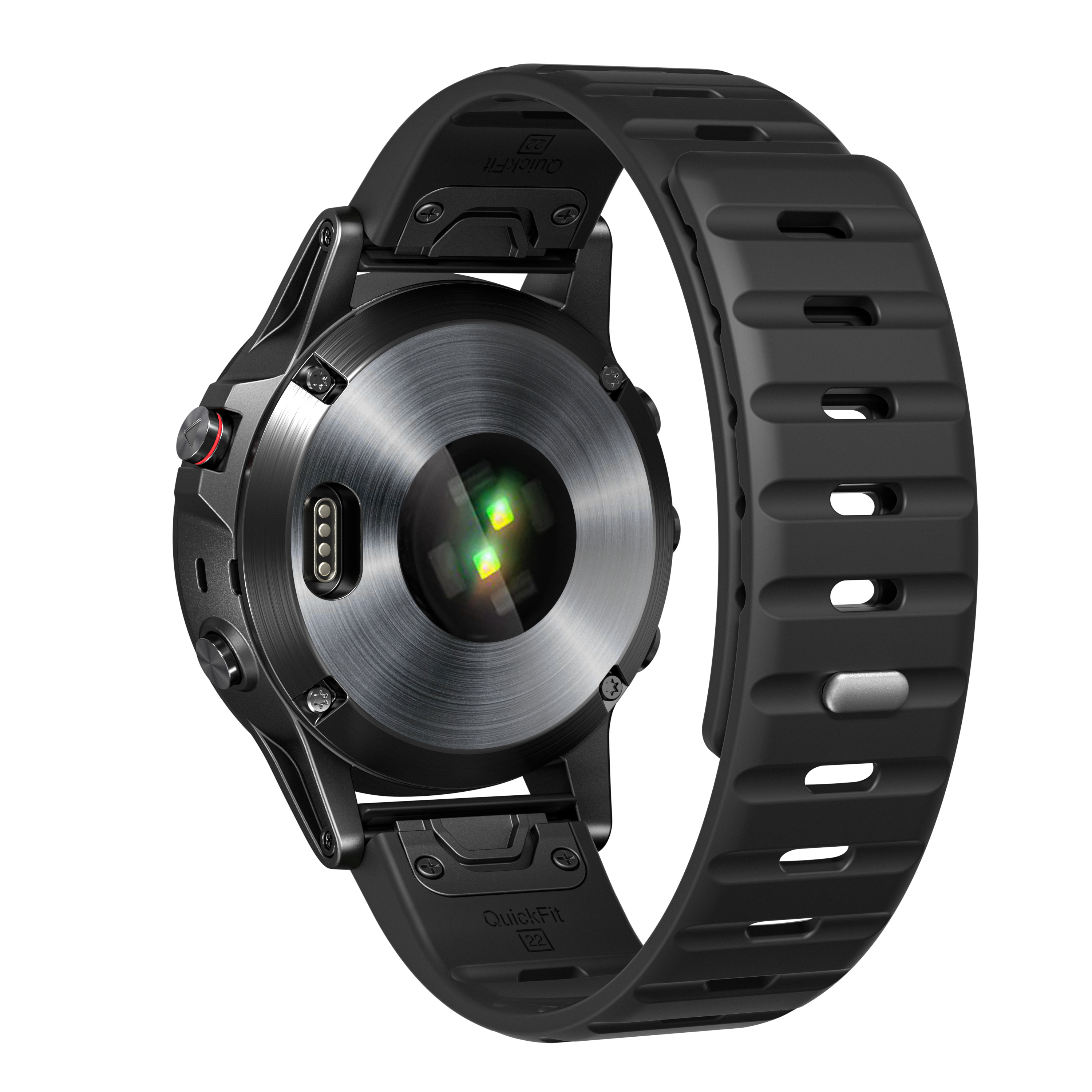 Smartwatch nera con retro metallico e cinturino nero. L'orologio ha un sensore di frequenza cardiaca e un pulsante rosso.