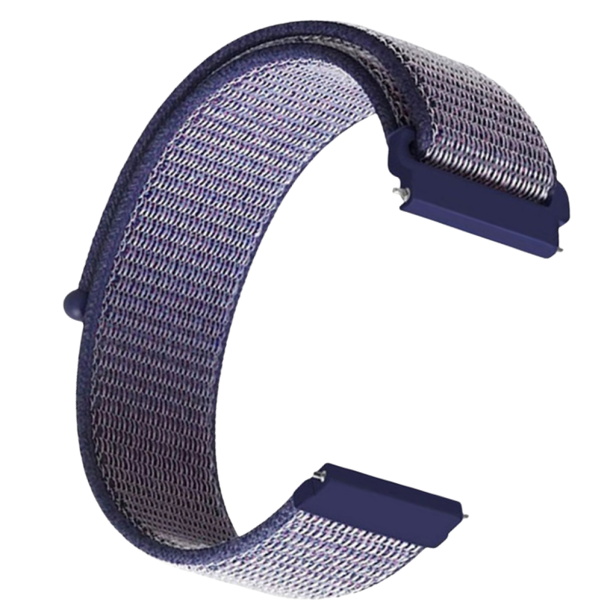 Ein gebogenes, blau-weißes Uhrenarmband mit gewebter Struktur. Die Enden sind dunkelblau, der Hintergrund ist weiß.