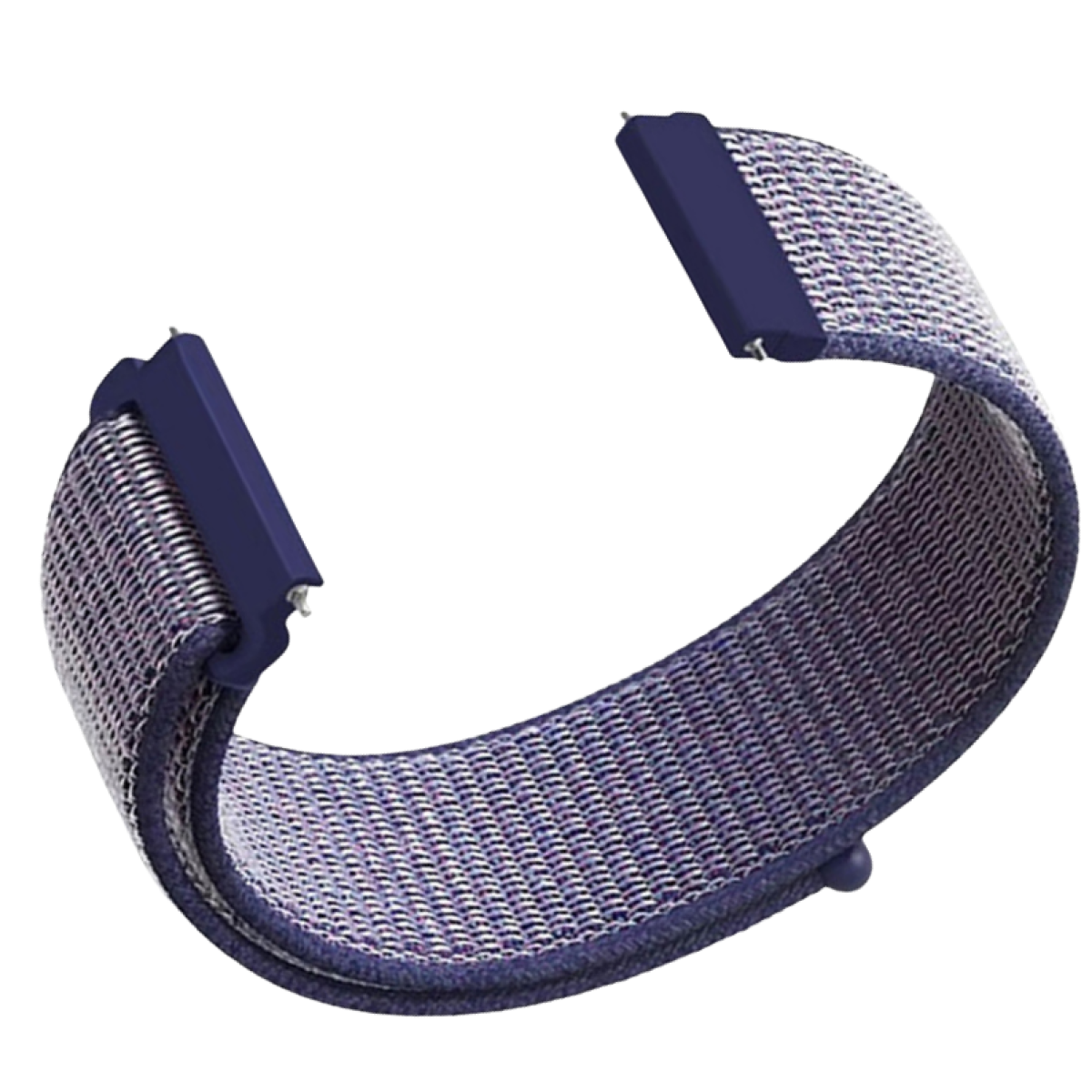 Ein gebogenes Uhrenarmband mit gewebter Textur. Das Armband ist überwiegend lila mit weißen Akzenten. Dunkelblaue Anschlüsse an jedem Ende.