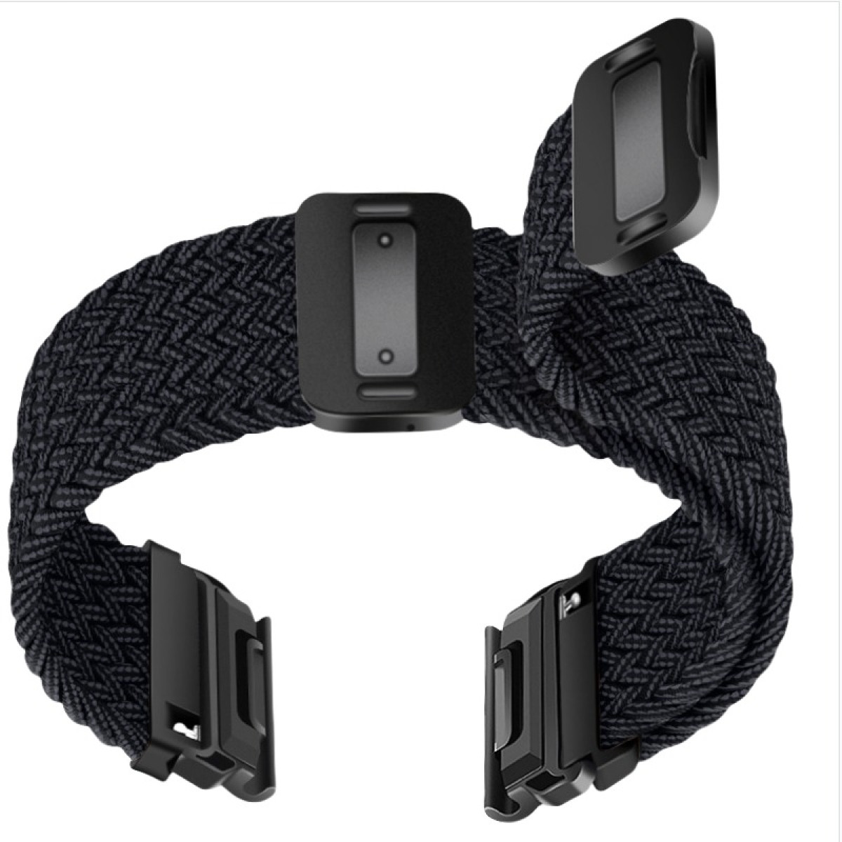 Cinturino nero intrecciato con tre chiusure rettangolari nere. Il cinturino è curvo e le chiusure sono alle estremità e al centro.