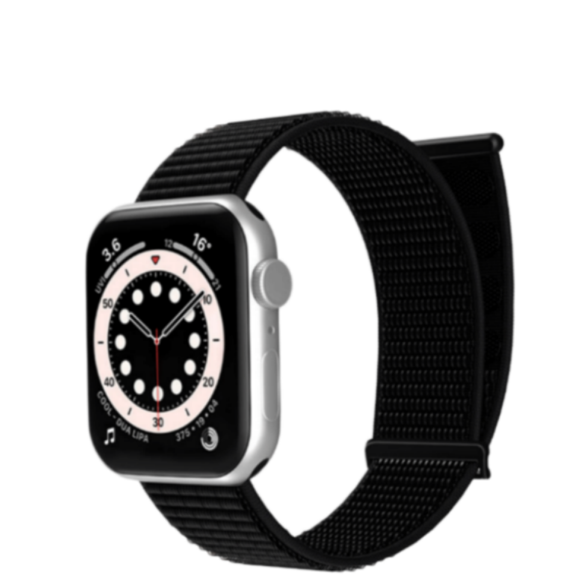 Silberne Apple Watch mit schwarzem Nylonsportarmband. Das Zifferblatt zeigt die Uhrzeit an. Der Hintergrund ist weiß.