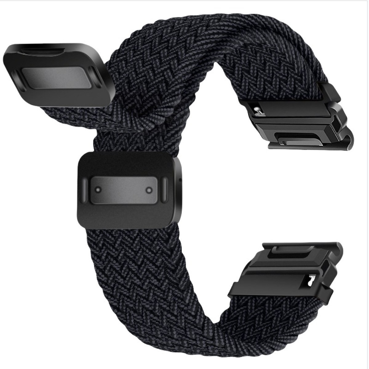 Un cinturino nero con design intrecciato e chiusure nere. Il cinturino è curvo e posto su sfondo bianco.
